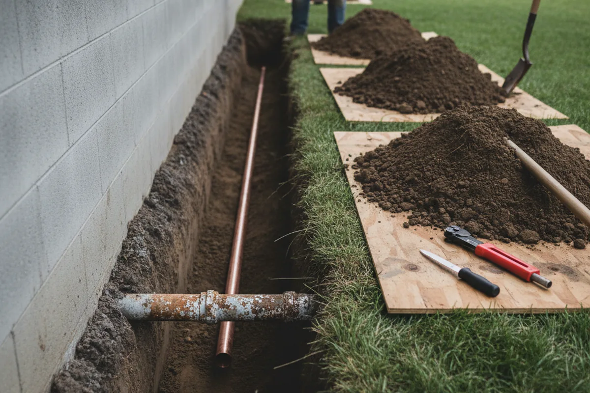 Excavated water line trench during Water Softener Installation in Osgood